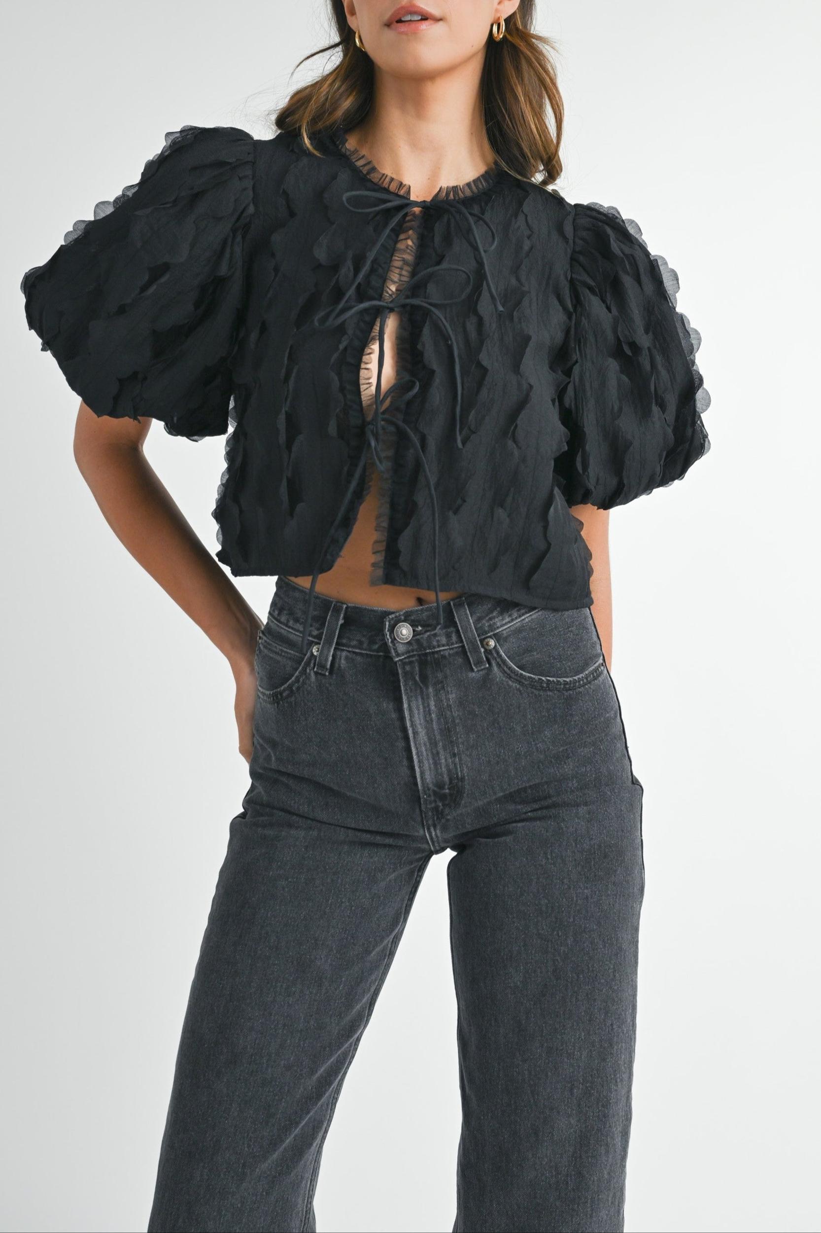 Textured Scallop Puff Sleeve Blouse Top Product Image