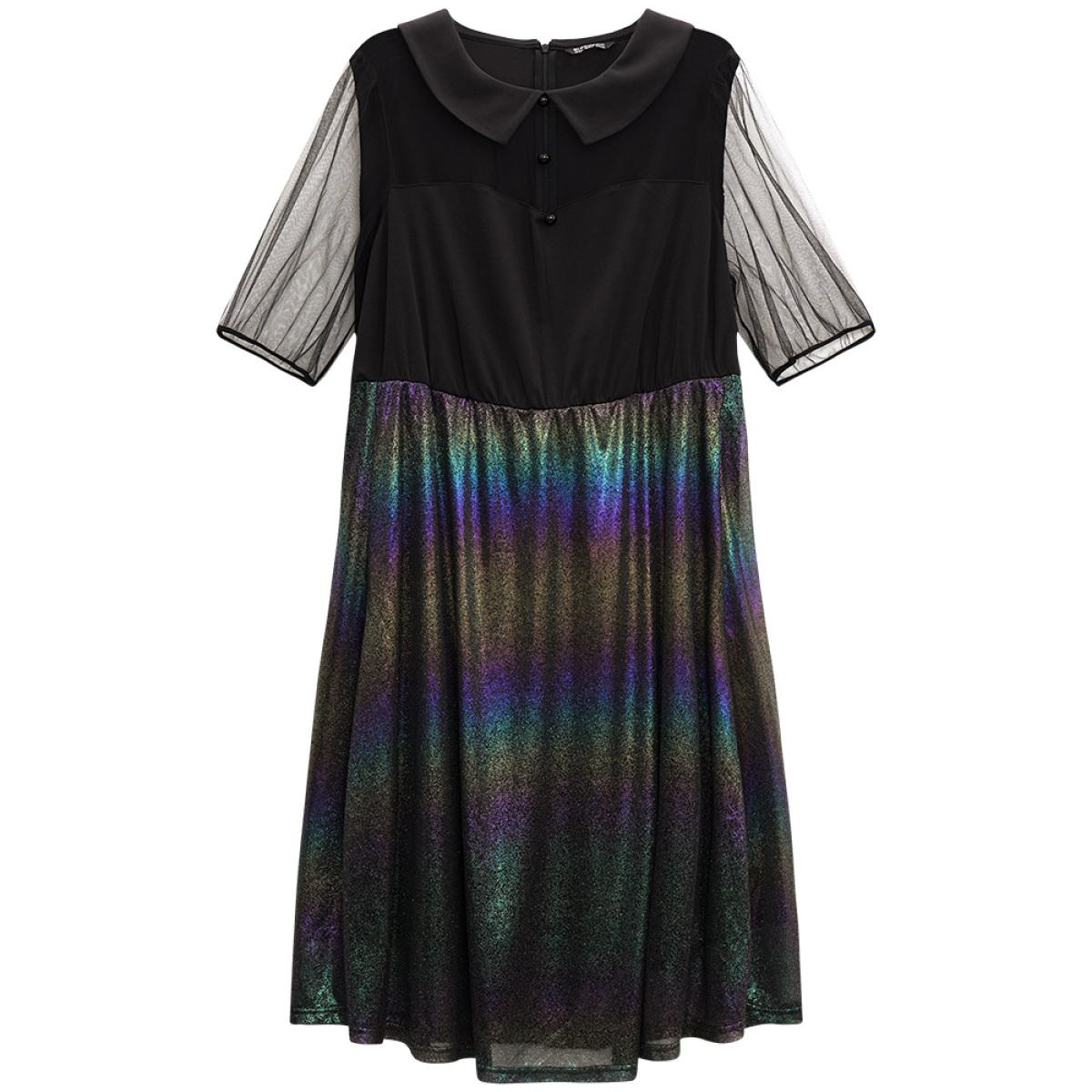 Plus Size Halloween Rainbow Glitter Mesh Lapel Collar Dress Black Women Party Lined Lapel Collar Short sleeve Curvy Midi Dress BloomChic 30/6X Product Image