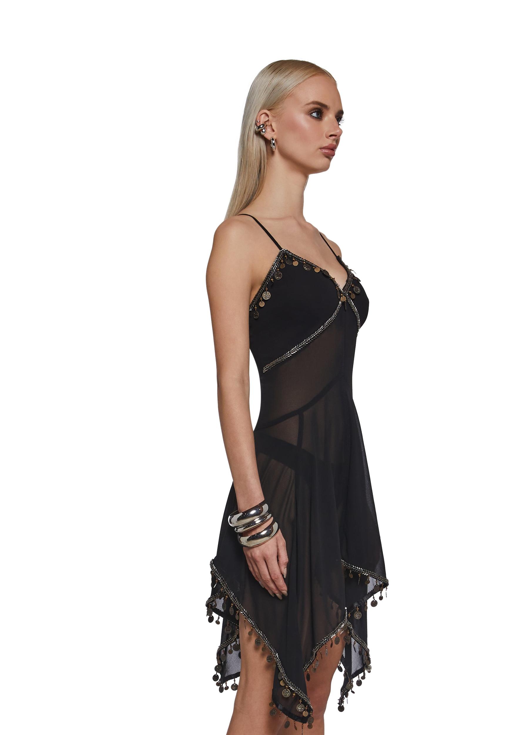 Invictus Sheer Boho Coin Embellished Dress - Black Product Image