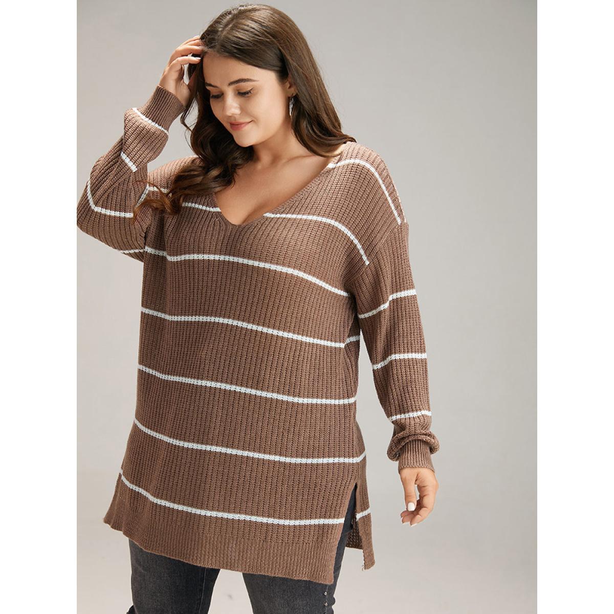 Plus Size Supersoft Essentials Striped V Neck Split Hem Pullover Russet Women Casual Loose Long Sleeve V-neck Dailywear Pullovers BloomChic 14-16/1X Product Image
