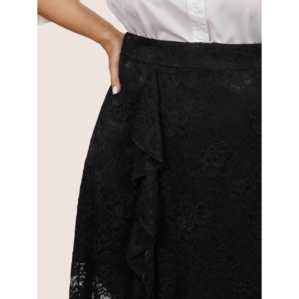 Plus Size Guipure Lace Elastic Waist Asymmetrical Ruffles Skirt Women Black At the Office Lined No stretch Office Skirts BloomChic 22-24/3X Product Image