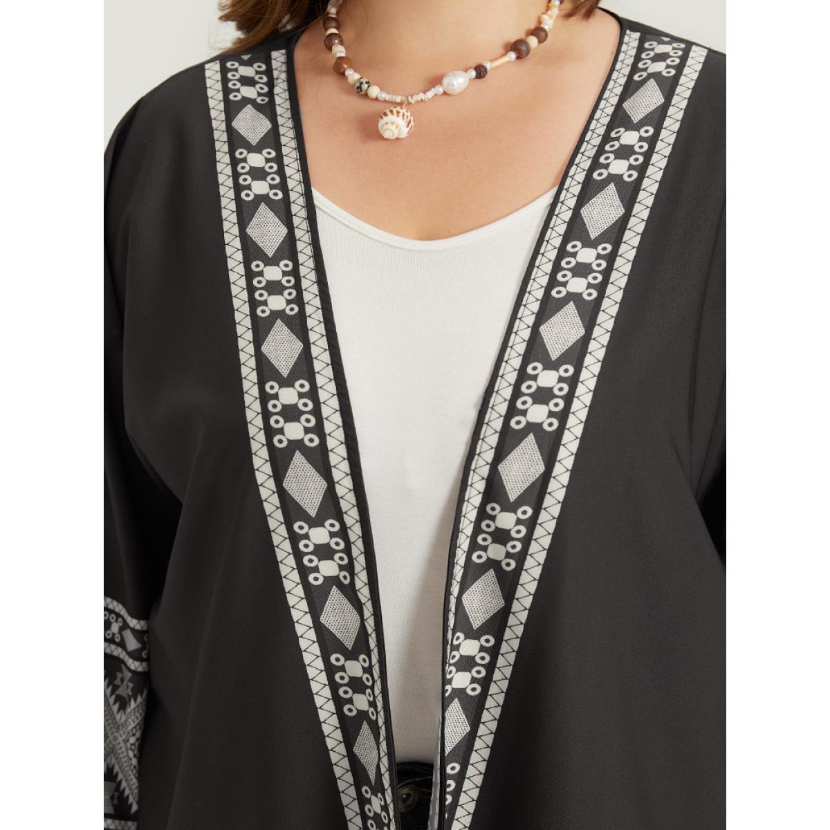 Plus Size Boho Print Open Front Pocket Split Hem Kimono Women Black Casual Printed Loose Pocket Dailywear Kimonos BloomChic 30/6X Product Image