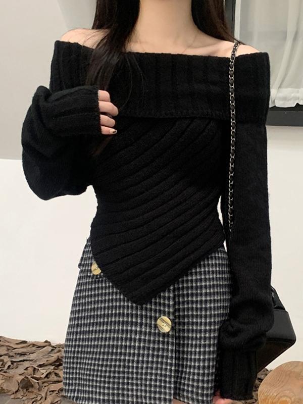 Solid Off Shoulder Hanky Hem Sweater Product Image