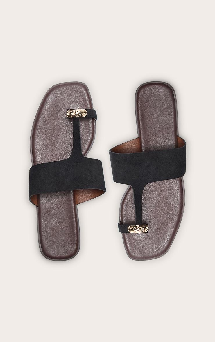 Black Faux Suede Toe Thong Gold Hardware Sandal Product Image