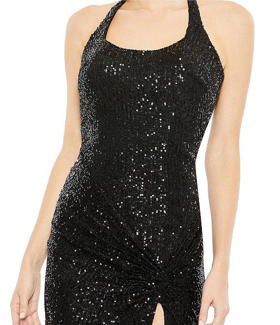 Mac Duggal Sleeveless Halter Square Neck Side Knot Thigh High Slit Sequin Sheath Gown Product Image