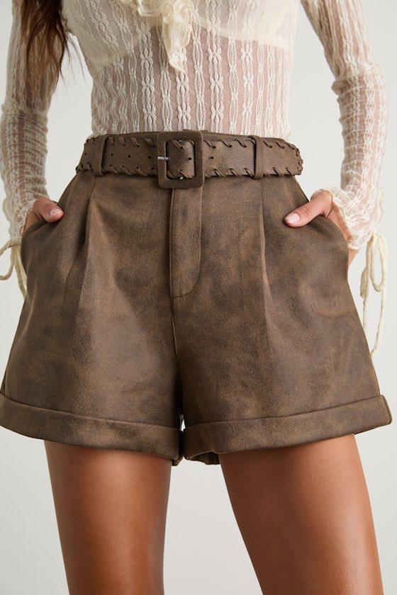 Nolyn Brown Suede Pleated High-Rise Shorts Product Image