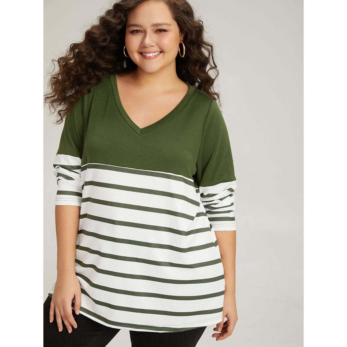 Plus Size Striped Patchwork Contrast V Neck Sweatshirt Women Green Casual Contrast V-neck Dailywear Sweatshirts BloomChic 10/M Product Image