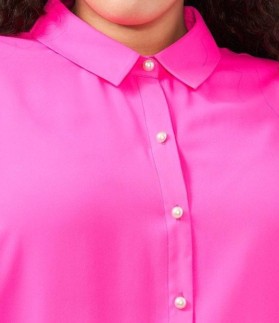 CeCe Plus Size Heavy Georgette Point Collar Long Sleeve Pearl Button Front Shirt Product Image