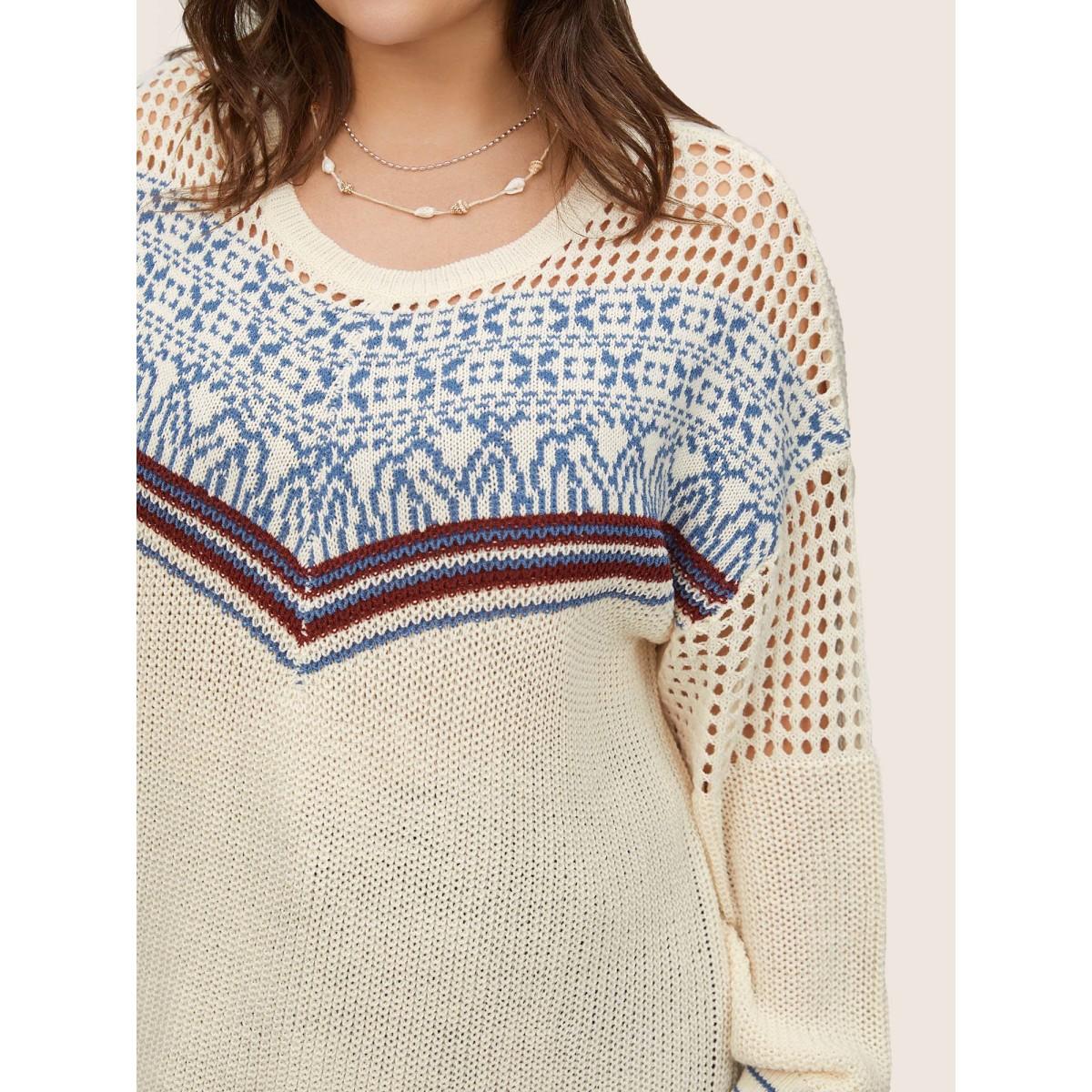 Plus Size Graphic Contrast Patchwork Hollow Out Pullover Beige Women Casual Long Sleeve Round Neck Everyday Pullovers BloomChic 12/L Product Image