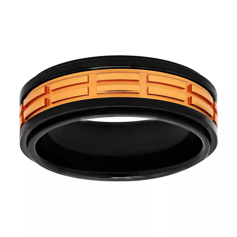 Men's Black & Orange Stainless Steel Treaded Wedding Band, Size: 15, Two Tone Product Image