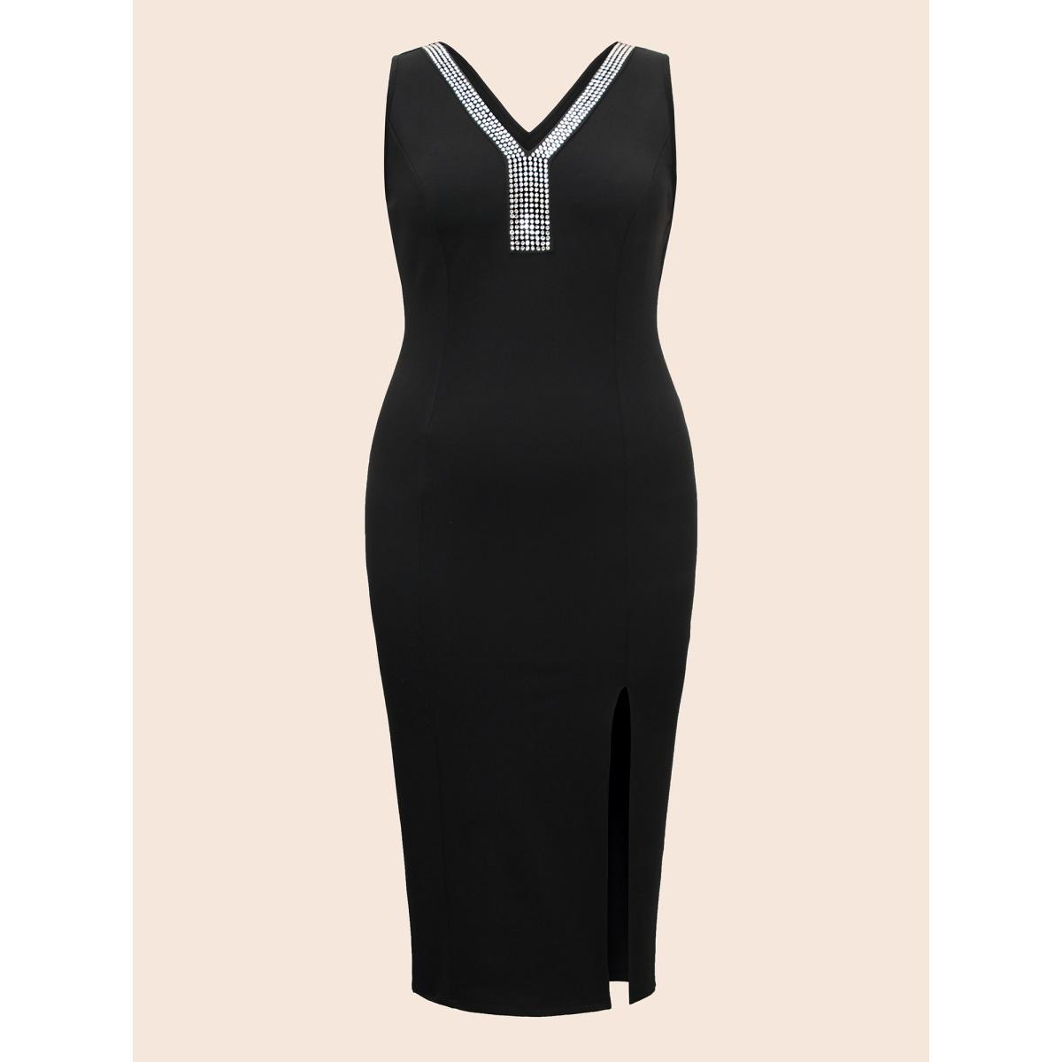 Plus Size Rhinestone V Neck Split Hem Dress Black Women Cocktail Rhinestone detailing V-neck Sleeveless Curvy BloomChic 28/5X Product Image