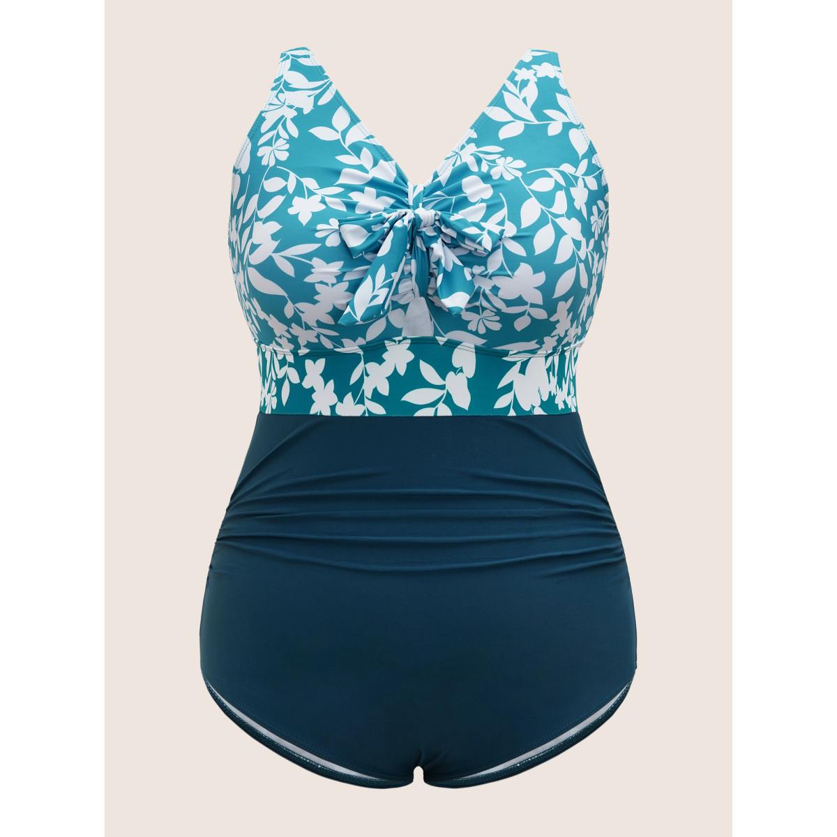 Plus Size Silhouette Floral Print Patchwork Gathered One Piece Swimsuit Women's Swimwear Cyan Beach Tie knot Curve Bathing Suits High stretch One Pieces BloomChic 12/L Product Image