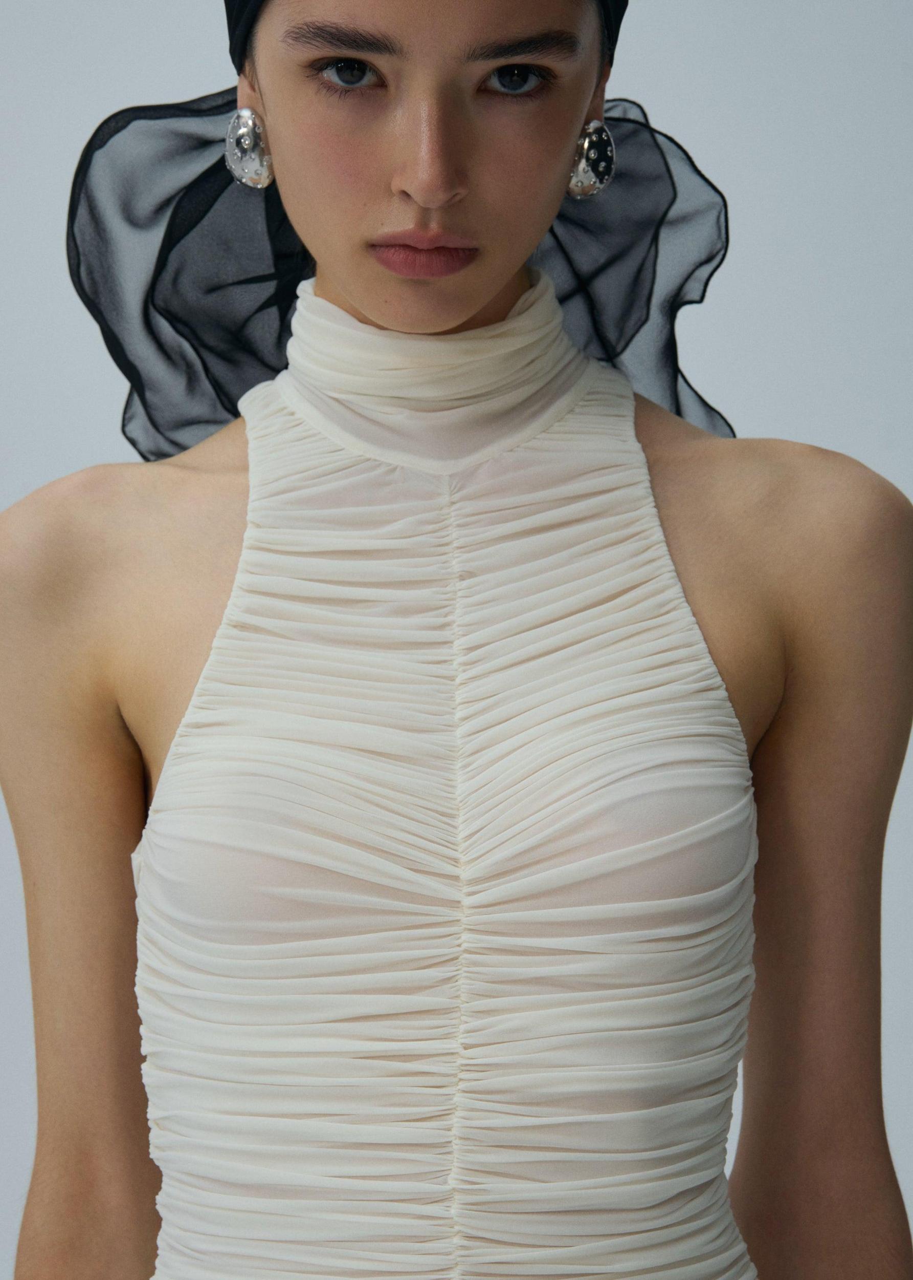 Ruched high neck midi dress in white Product Image