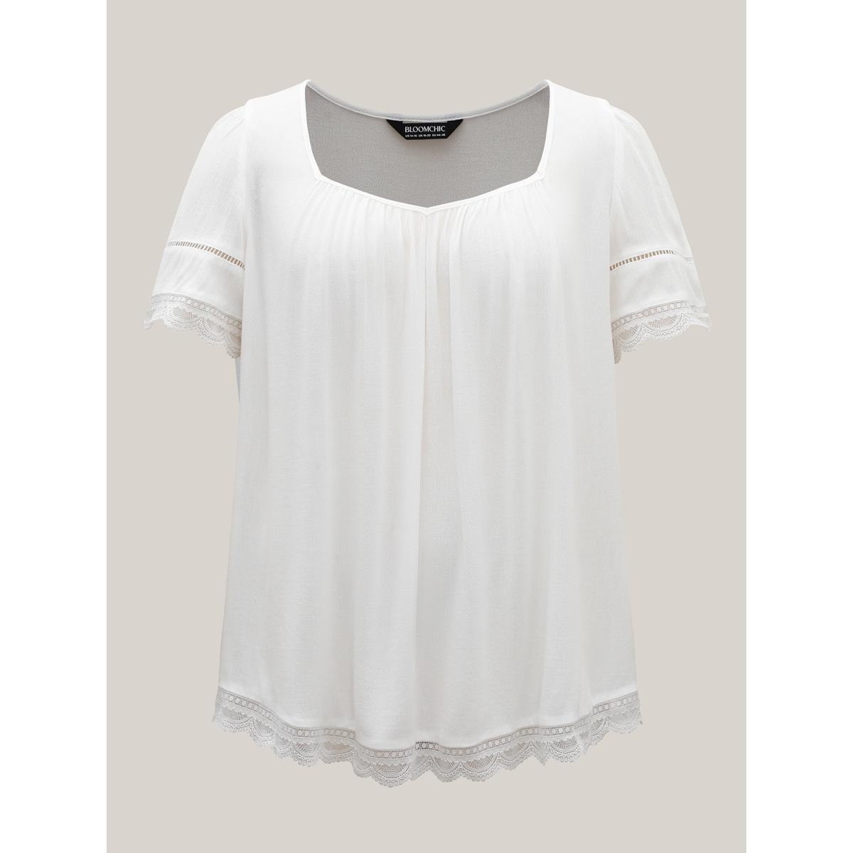 Plus Size WhiteSmoke Rayon Flowy Lace Trim Solid Blouse Women Leisure Short sleeve Heart neckline Casual Blouses BloomChic 26/4X Product Image