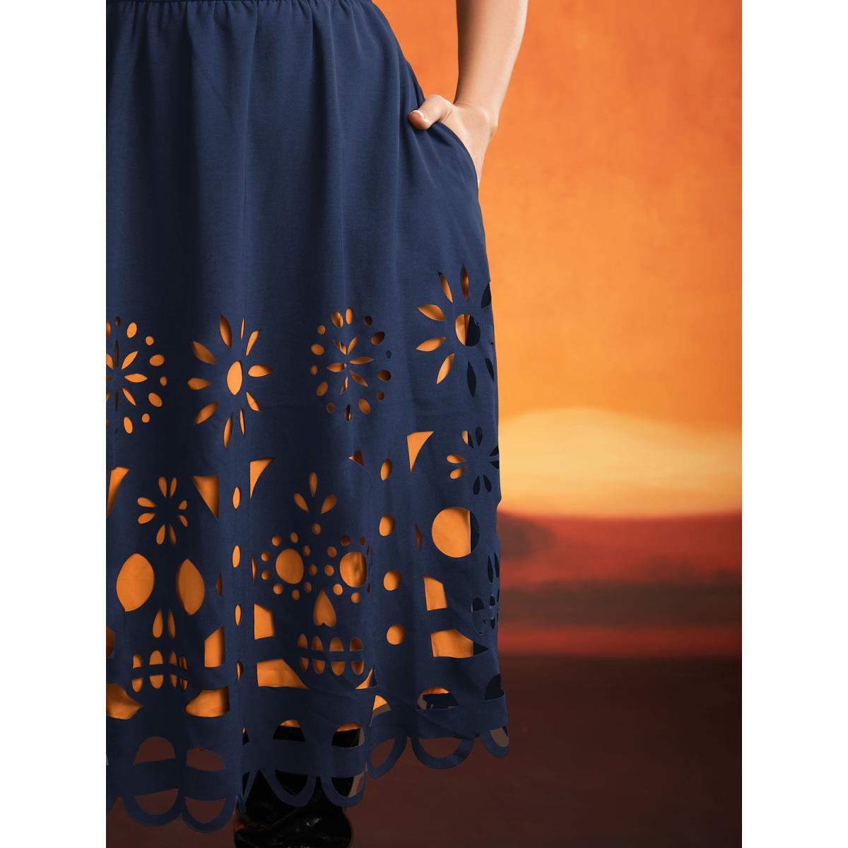 Plus Size Skull Burnout Cami Midi Dress DarkBlue Women Playful Contrast Party Curvy Bloomchic 18-20/2X Product Image