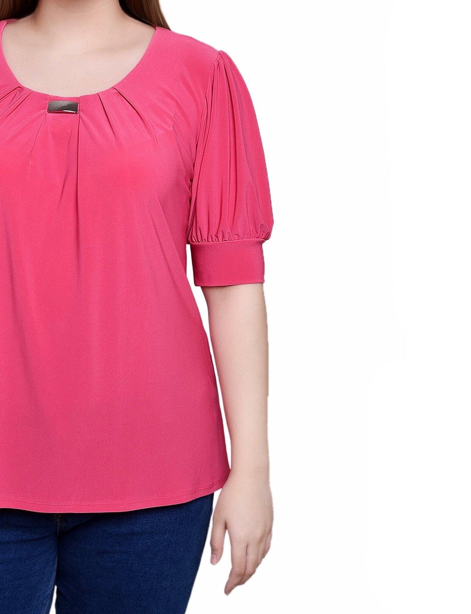 Fushia Short Sleeve Balloon Sleeve Top With Hardware - Petite Product Image