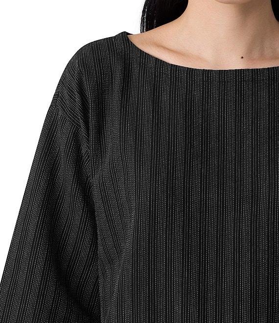 Eileen Fisher Organic Cotton Blend Yarn-Dyed Stripe Boat Neck 3/4 Sleeve Box Top Product Image