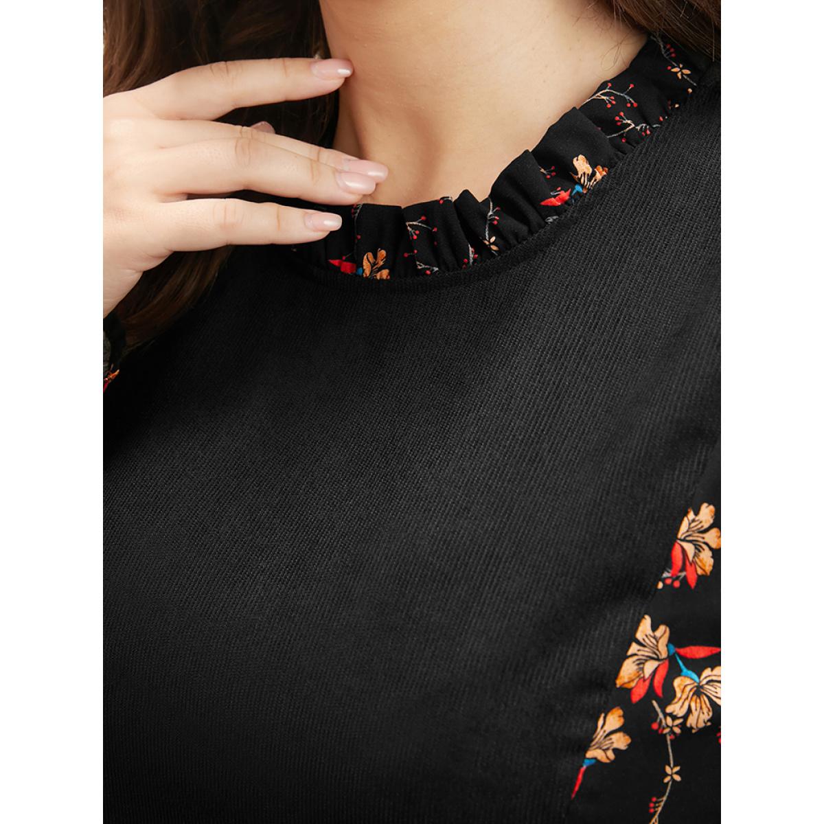 Plus Size Floral Patchwork Ruffle Trim Pocket Zipper Dress Black Women Elegant Zipper Stand-up collar Long Sleeve Curvy Midi Dress BloomChic 12/L Product Image