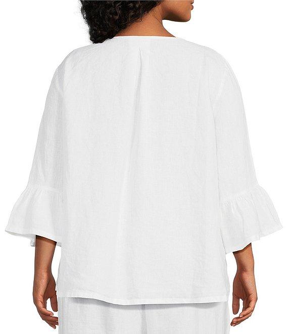 Bryn Walker Plus Size Fran Round Neck Ruffle 3/4 Bell Sleeve High-Low Linen Coordinating Shirt Product Image
