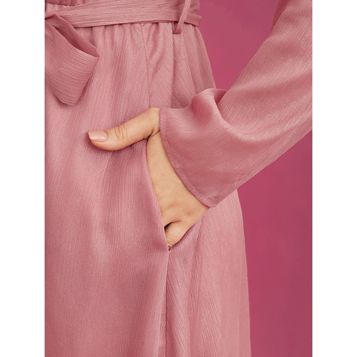 Plus Size Solid Pocket Belted Surplice Neck Midi Dress DustyPink Women Elegant Belted V-neck Long Sleeve Curvy Midi Dress BloomChic 10/M Product Image