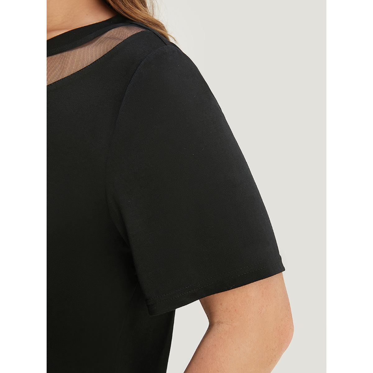Plus Size Solid Round Neck Mesh Patchwork T-shirt Black Women Elegant See through Plain Round Neck Dailywear T-shirts BloomChic 30/6X Product Image