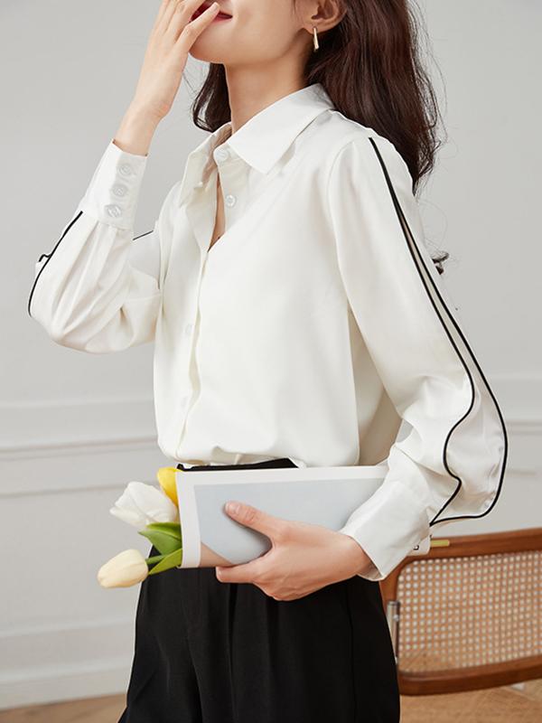 Long Sleeves Loose Buttoned Contrast Color Lapel Blouses&Shirts Tops Product Image
