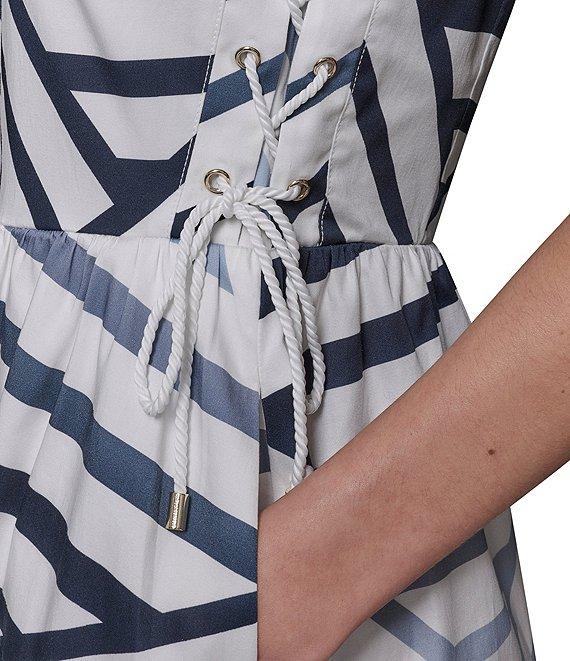 KARL LAGERFELD PARIS Stretch Sateen Stripe Print Scoop Neck Sleeveless Sheath Midi Dress Product Image