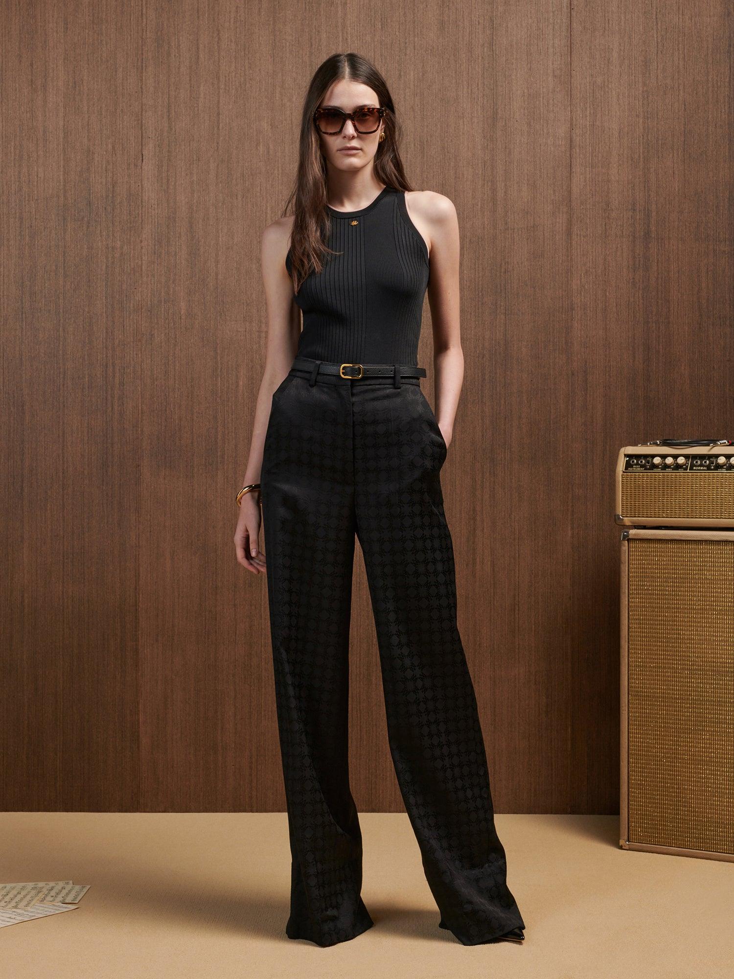 Mina - Contrast Piped Pleated Trousers - Black/White Female Product Image