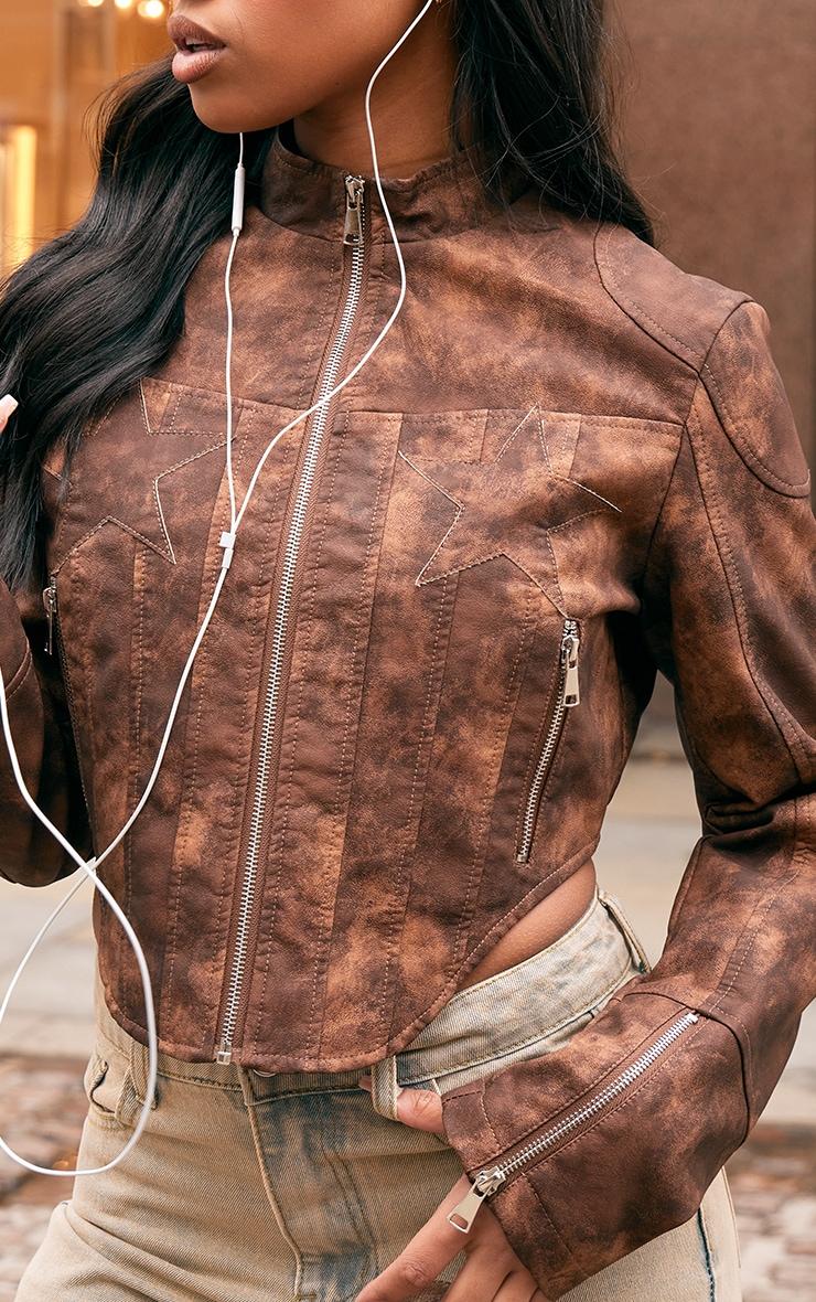 Brown Distressed Faux Leather Star Embroidery Biker Jacket Product Image