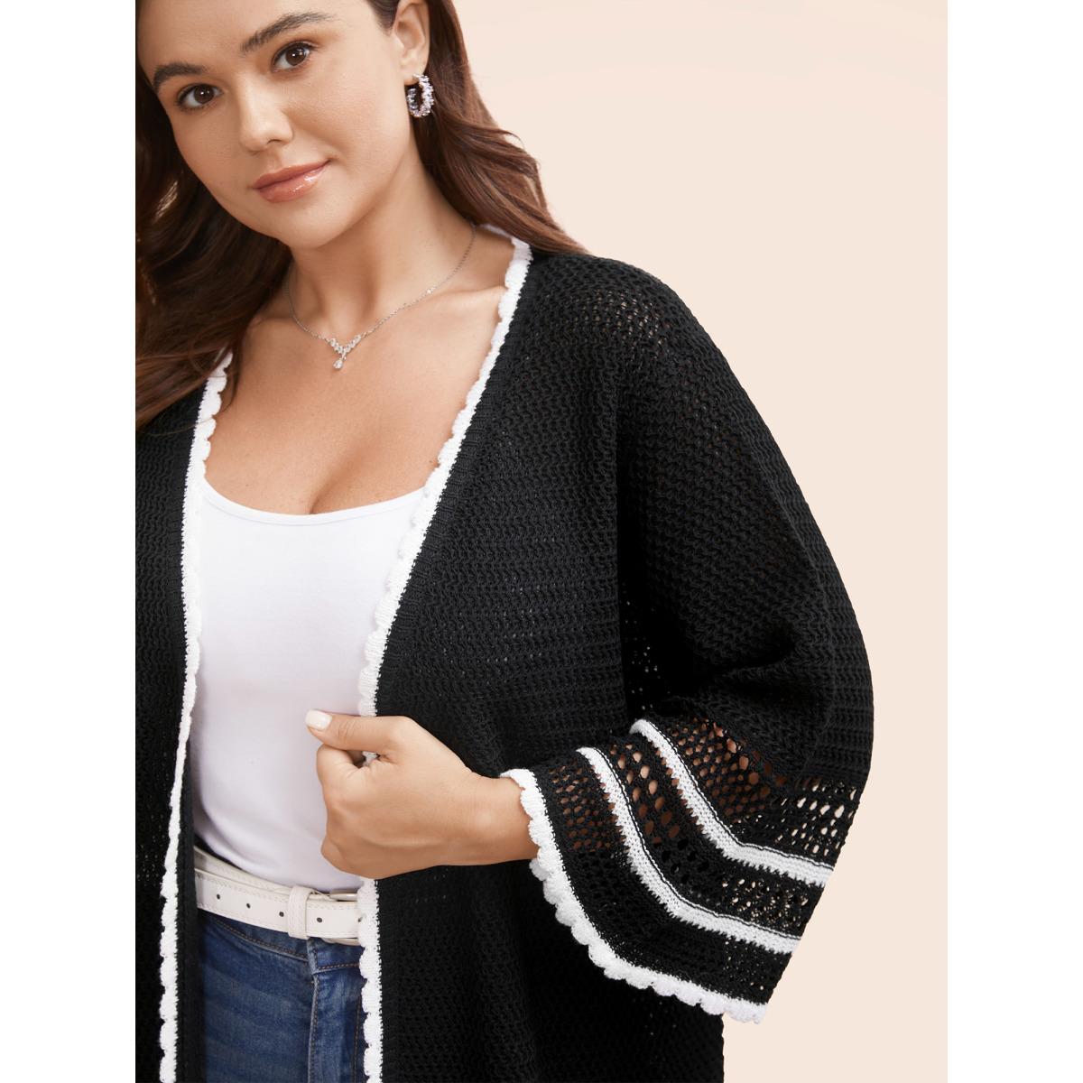 Plus Size Solid Contrast Trim Bell Sleeve Cardigan Black Women Beach Loose Elbow-length sleeve Vacation Cardigans BloomChic 10/M Product Image