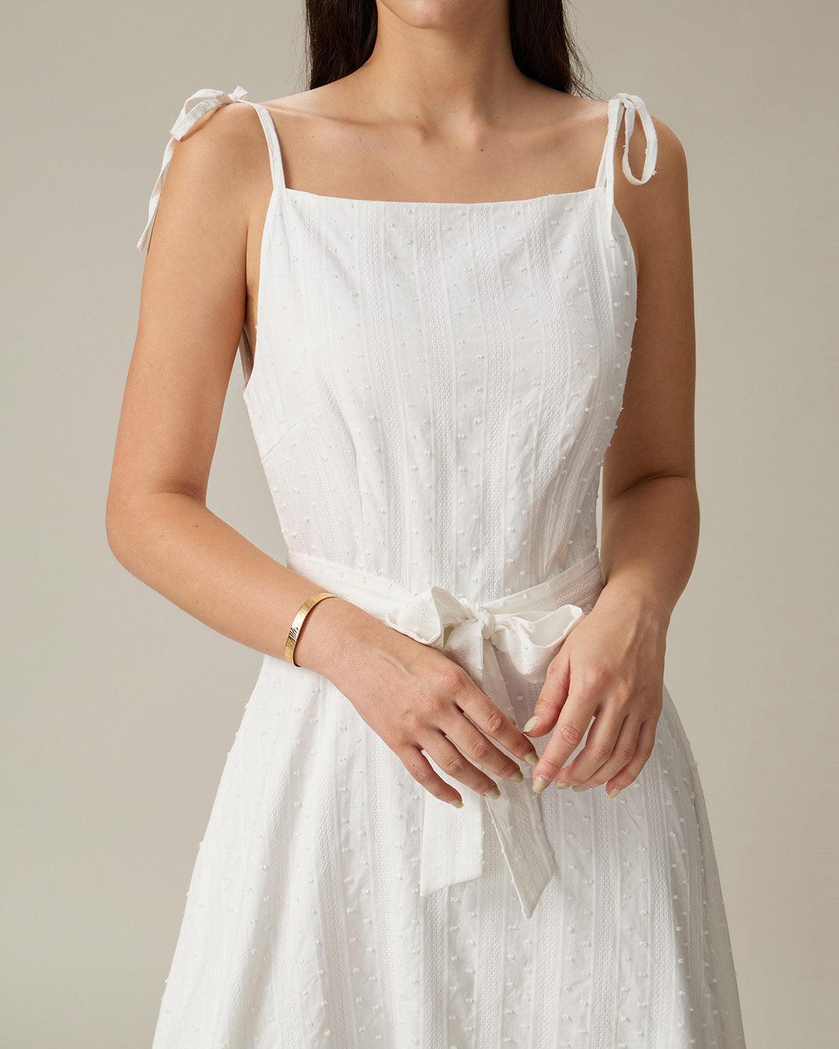 White Textured Square Neck Slip Midi Dress Product Image