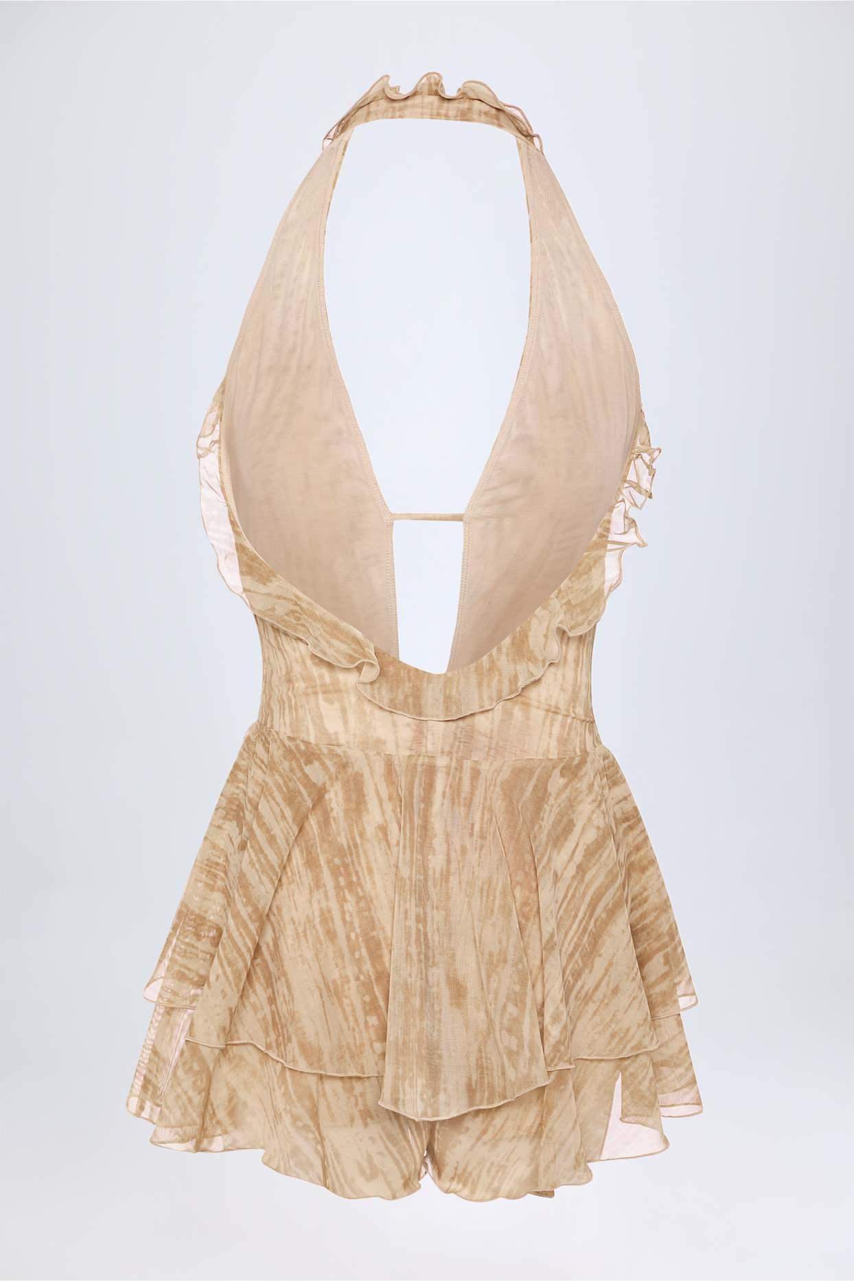 Ruffled Plunge Halterneck Playsuit in Tan Print Product Image