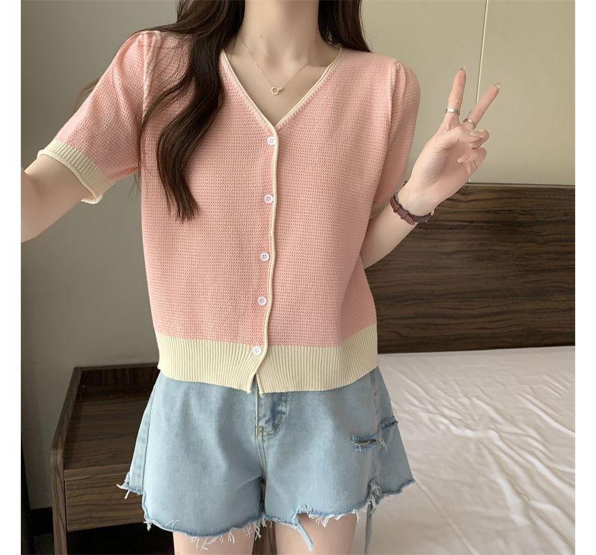 Short-Sleeve V-Neck Two Tone Cardigan Product Image