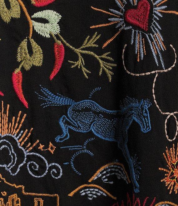 JOHNNY WAS Texas Every Day Embroidered Knit V-Neck Short Sleeve High-Low Hem Tee Shirt Product Image