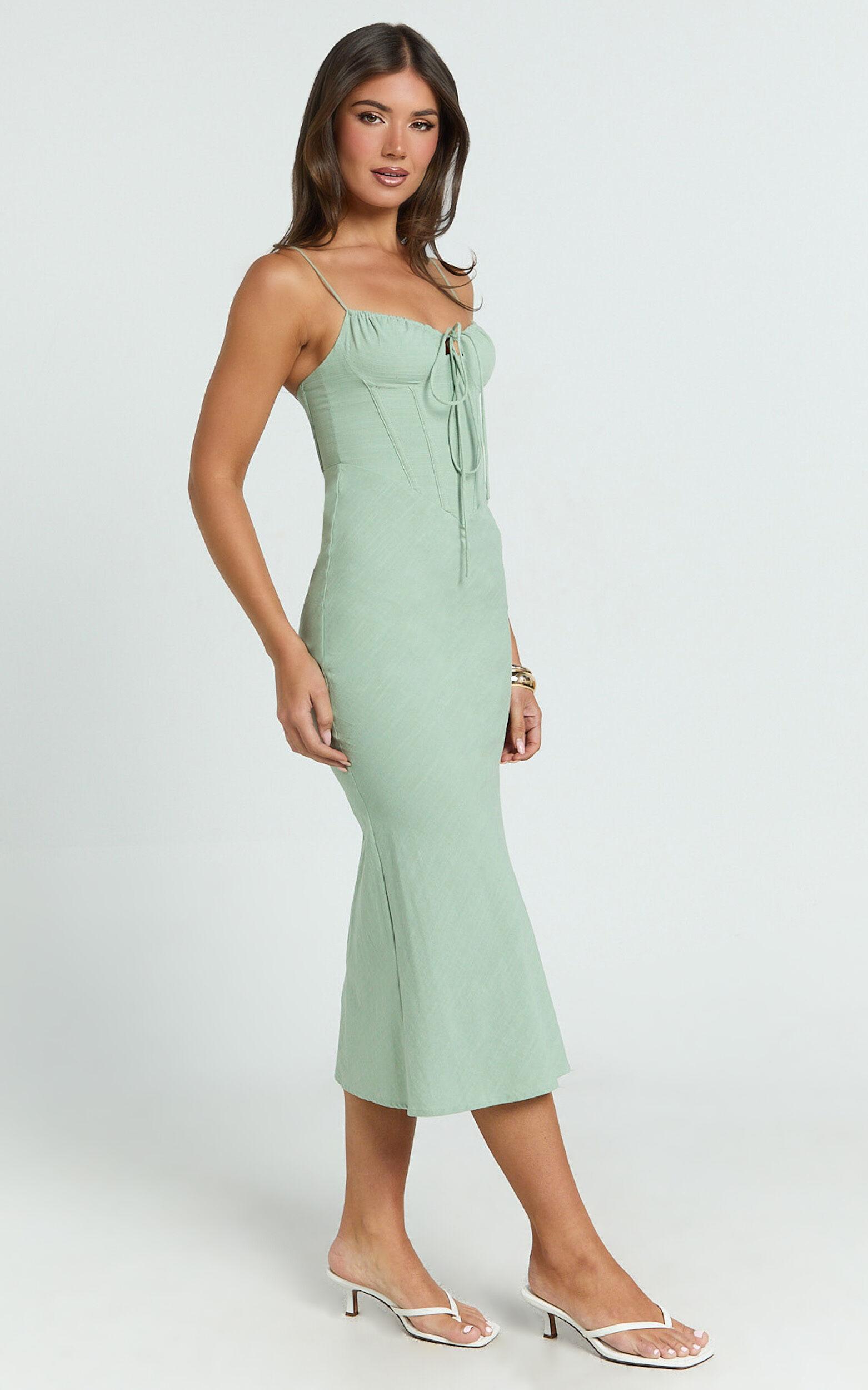 Mikayla Midi Dress - Linen Scoop Neck Ruched Bust Corset Waist Bias Skirt Dress in Sage Product Image