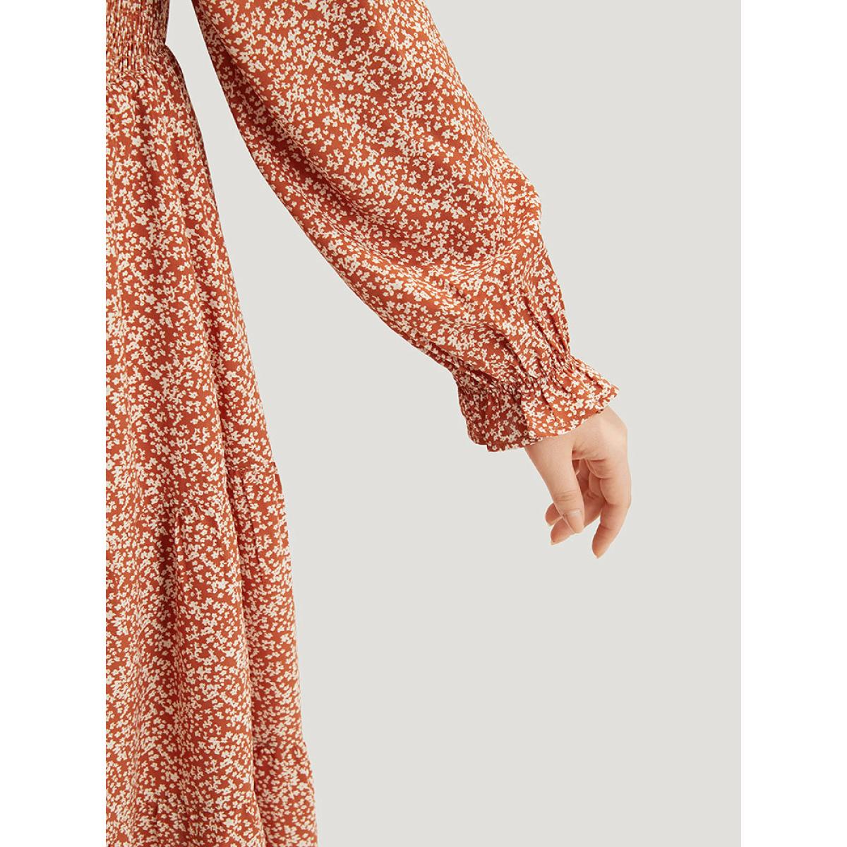 Plus Size Ditsy Floral Pocket Shirred Ties Dress Rust Women Elegant Elastic cuffs Square Neck Long Sleeve Curvy Midi Dress BloomChic 26/4X Product Image