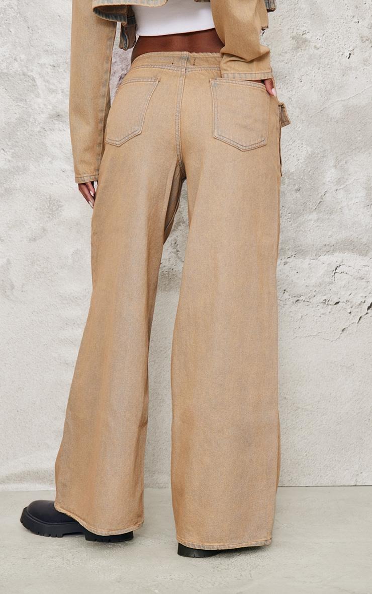 Brown Acid Wash Pocket Detail Frayed Hem Wide Leg Jean Product Image