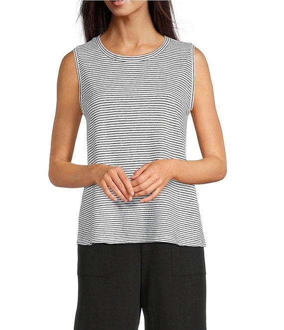 Eileen Fisher Striped Organic Linen Jersey Crew Neck Sleeveless Tank Product Image