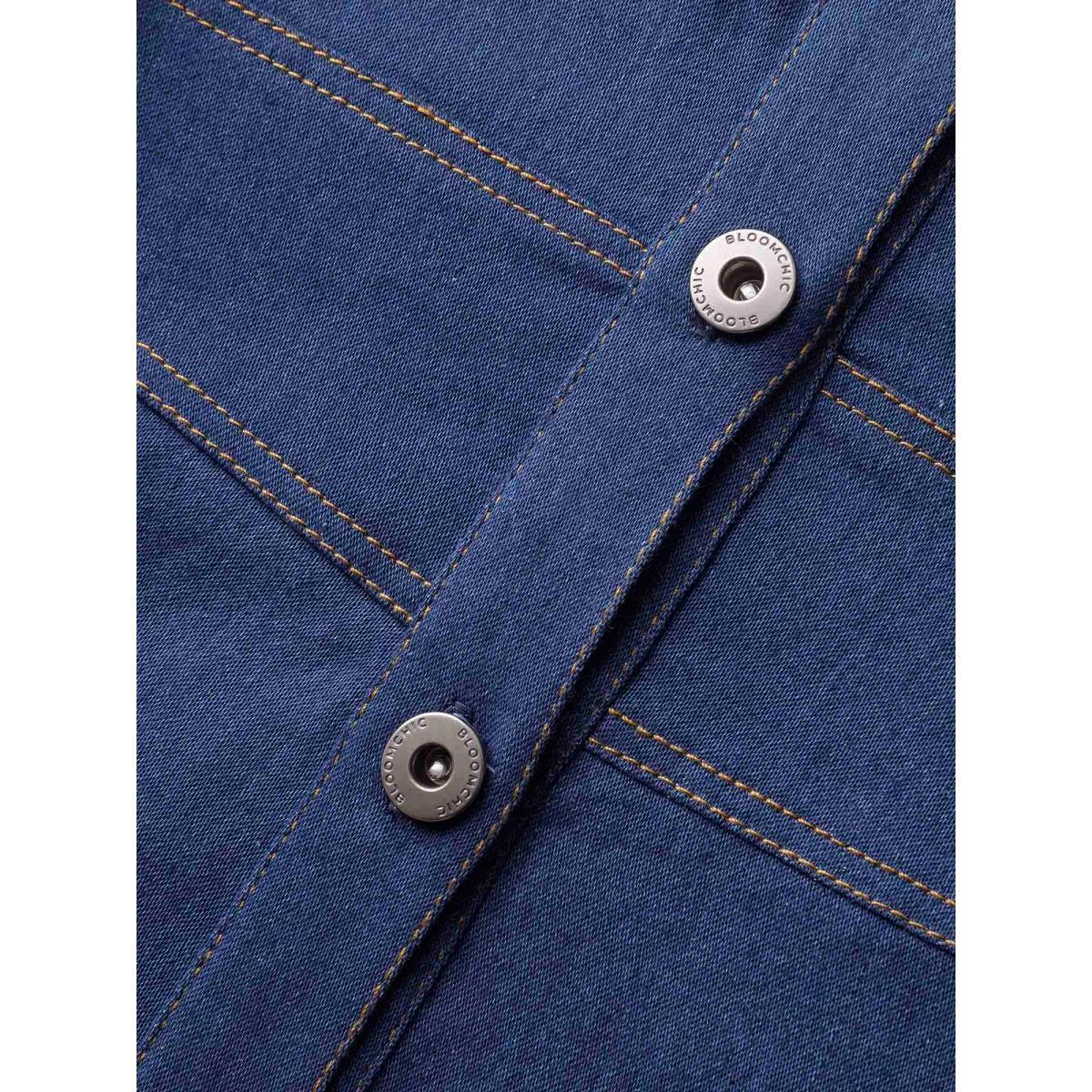 Plus Size Stretch Denim Seamed Flare Jumpsuit Midblue Women Button Medium stretch Vacation Patch pocket Resort Denim Jumpsuits BloomChic 10/M Product Image