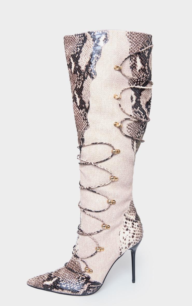 Snake Print PU Point Toe Stiletto Heeled Knee High Boots Product Image