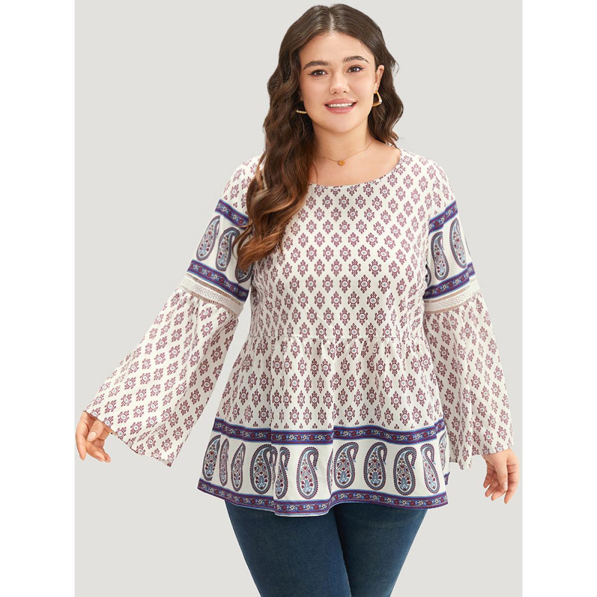 Plus Size Beige Boho Print Patchwork Lace Crew Neck Flutter Sleeve Blouse Women Vacation Long Sleeve Round Neck Vacation Blouses BloomChic 12/L Product Image