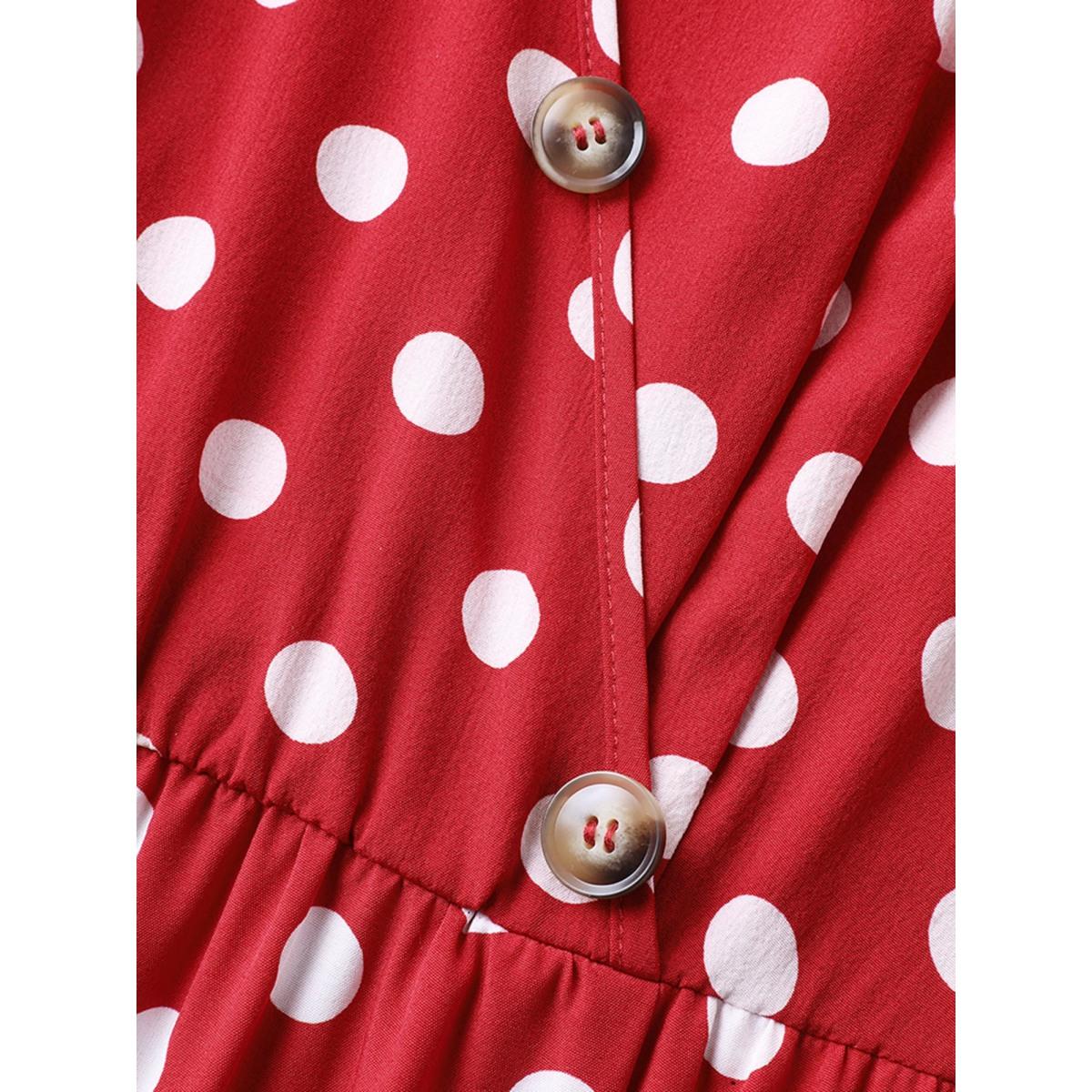 Plus Size Polka Dots Surplice Button Detail Midi Dress Burgundy Women Overlap Collar Short sleeve Curvy BloomChic 18-20/2X Product Image
