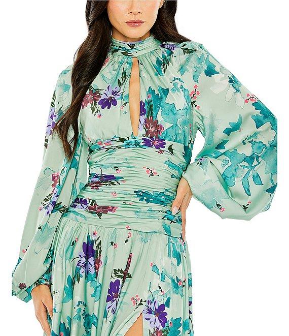 Mac Duggal Keyhole Neck Long Sleeve Ruched Waist Floral Satin Midi Dress Product Image
