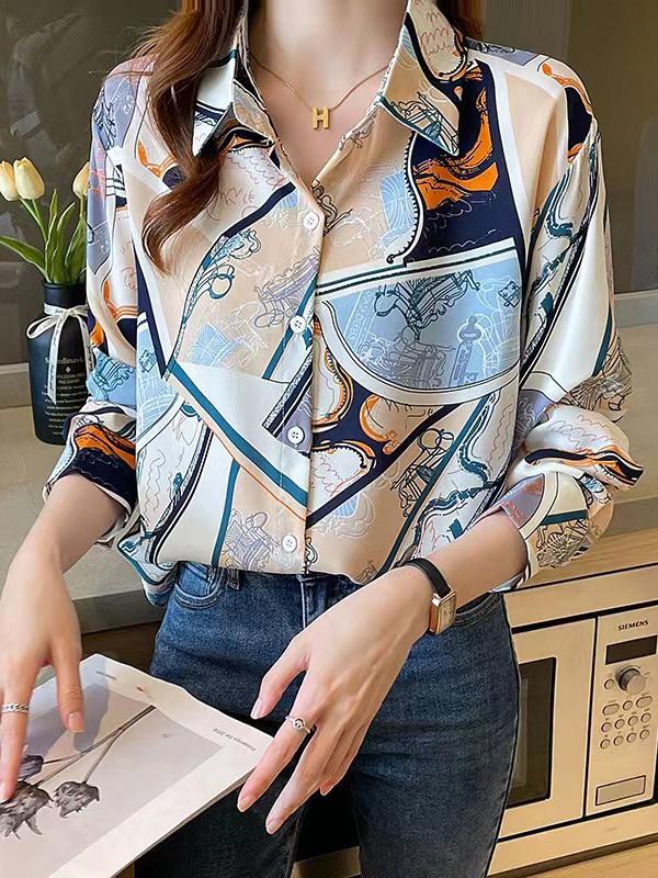 Long Sleeves Loose Buttoned Printed Split-Joint Lapel Blouses&Shirts Tops Product Image