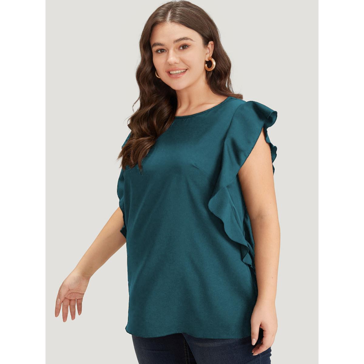 Plus Size Cyan Solid Crew Neck Ruffle Trim Blouse Women Office Cap Sleeve Round Neck Work Blouses BloomChic 30/6X Product Image