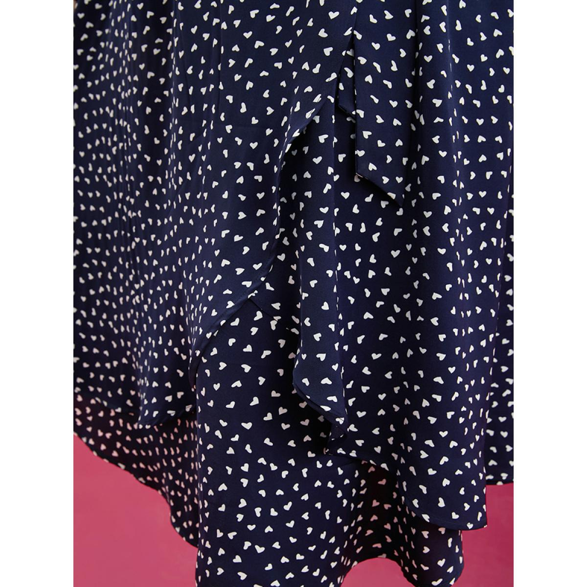 Plus Size Heart Print Surplice Neck Pocket Asymmetrical Belted Flutter Dress Navy Women Elegant Pocket V-neck Long Sleeve Curvy Midi Dress BloomChic 10/M Product Image