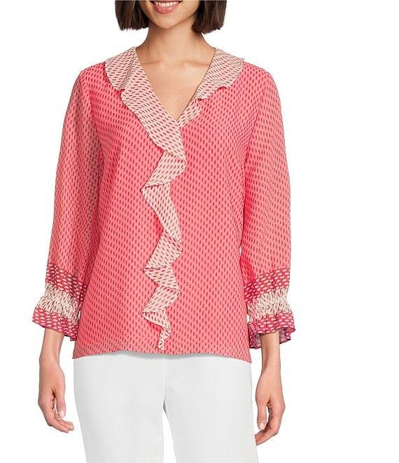 Investments Riley Woven Strawberry Pink Dash Border Cascading Ruffle V-Neck 3/4 Sleeve Top Product Image