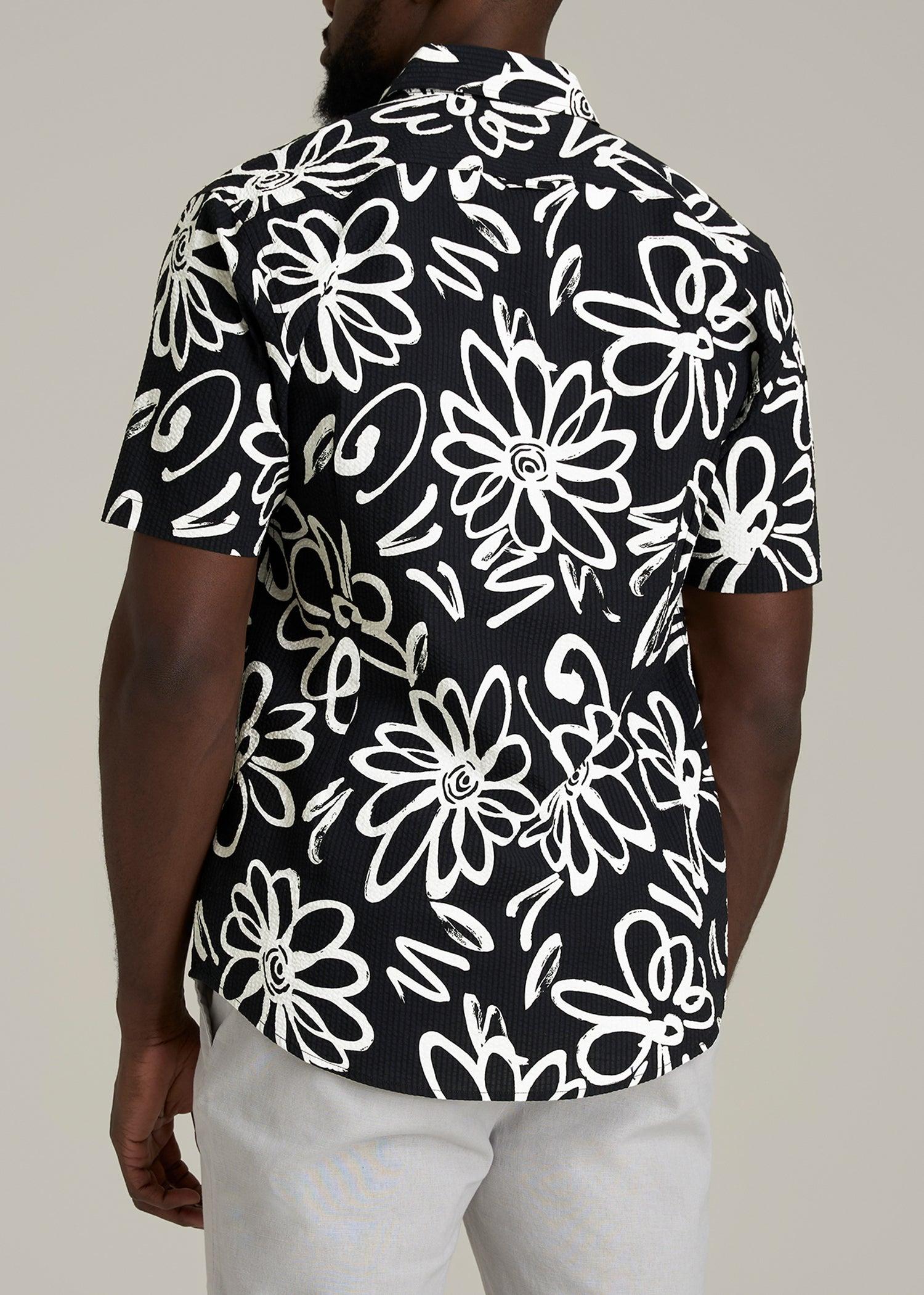 Seersucker Short Sleeve Shirt for Tall Men in Black and White Floral Male Product Image