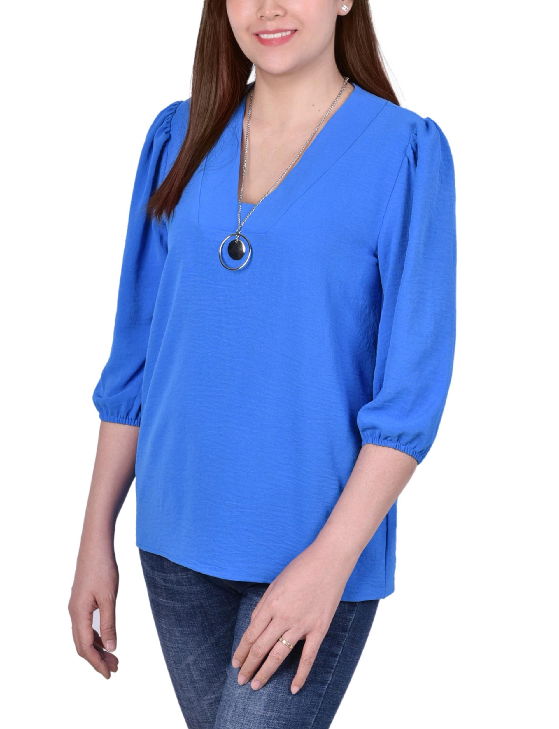 Blue 3/4 Sleeve Blouse With Necklace - Petite Product Image