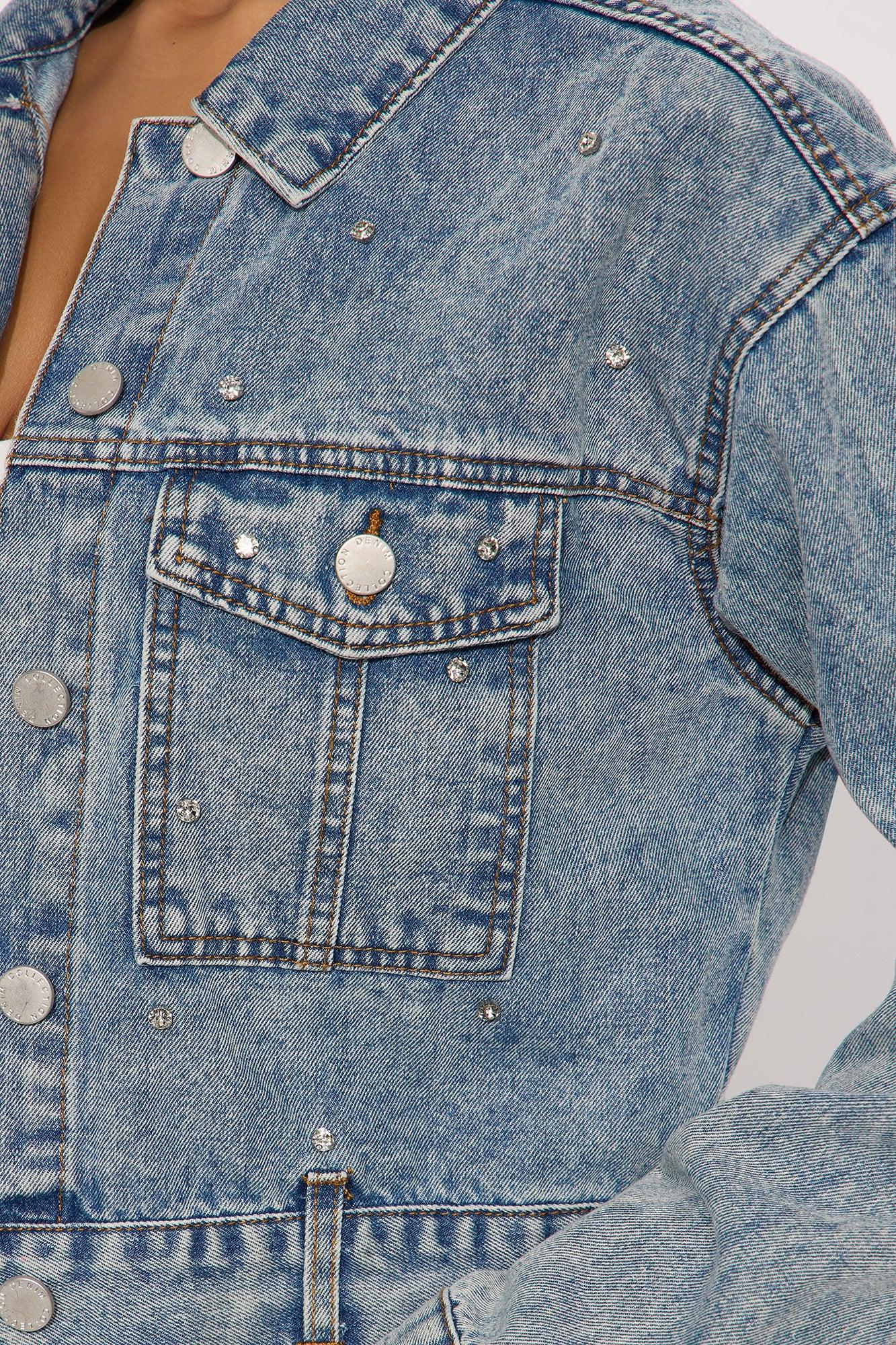 Watch Me Shine Embellished Denim Jacket - Medium Wash Female Product Image